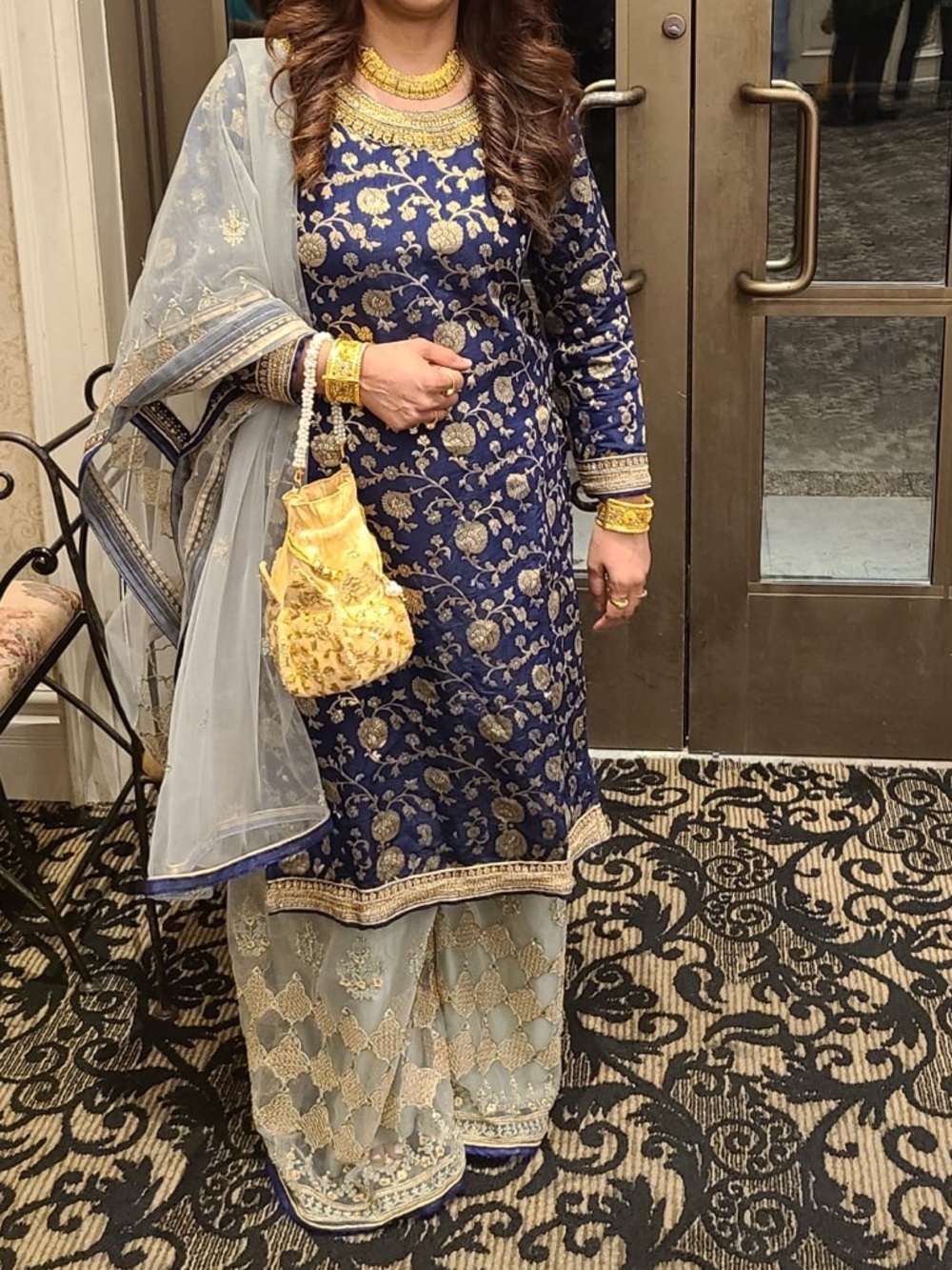 Embroidered Navy Blue and Gold Sharara Suit